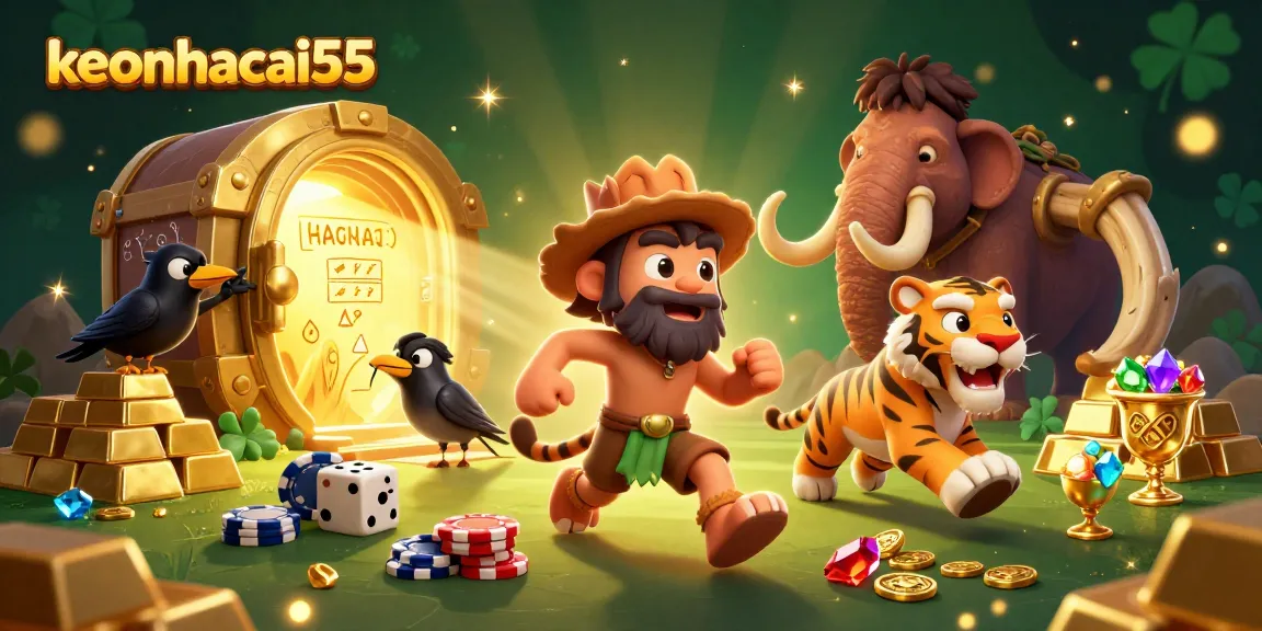 Engage in thrilling gaming adventures at keonhacai55, featuring animated cavemen and a saber-tooth tiger.