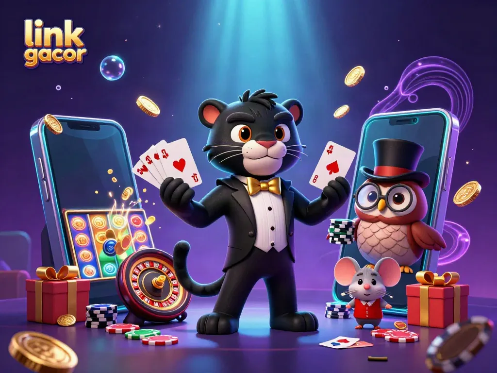 Experience link gacor with a stylish panther dealing slots cards, an owl, and a lucky mouse surrounded by casino elements.