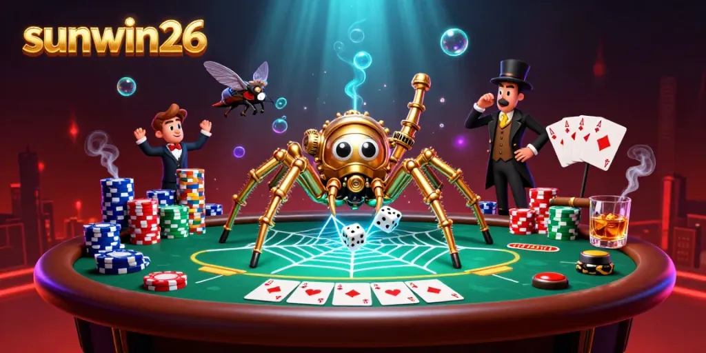 Engage with sunwin26's dynamic online gambling scene featuring a steampunk spider and poker elements.