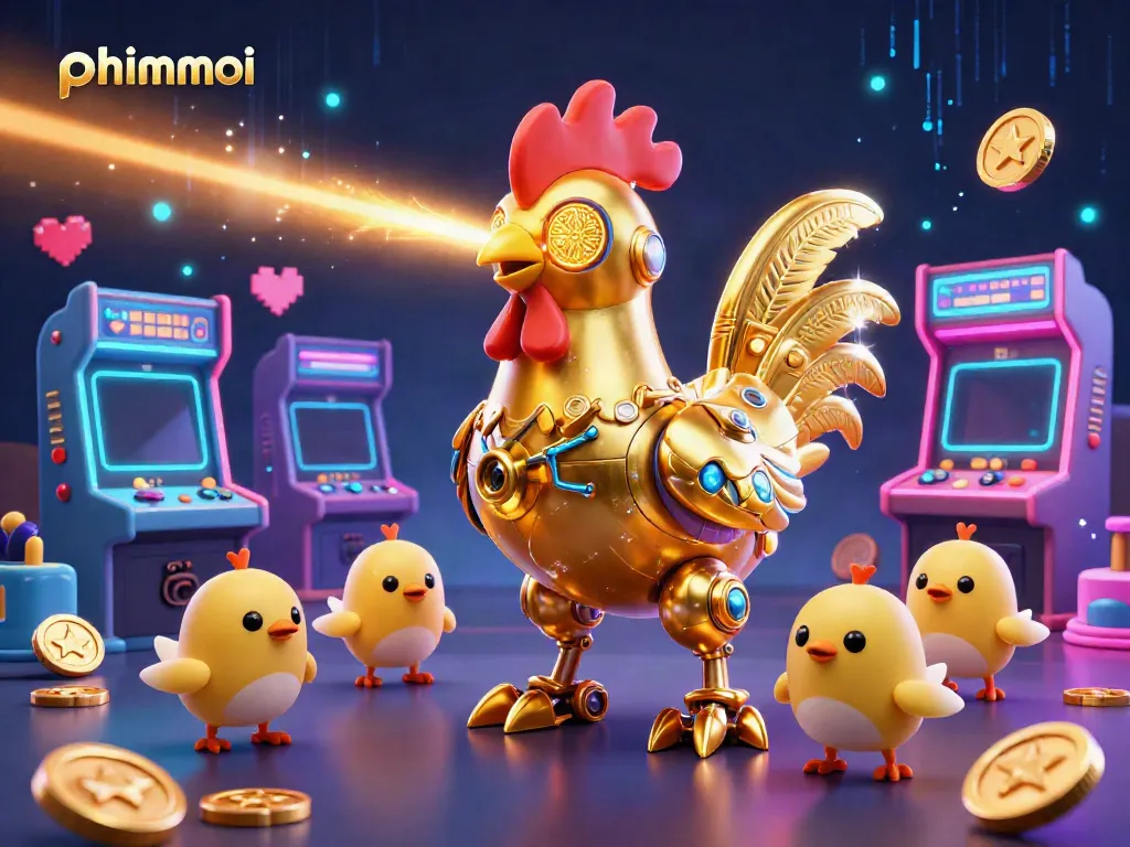 Engage with the vibrant phimmoi experience, featuring a dynamic rooster robot surrounded by colorful gambling-themed elements.
