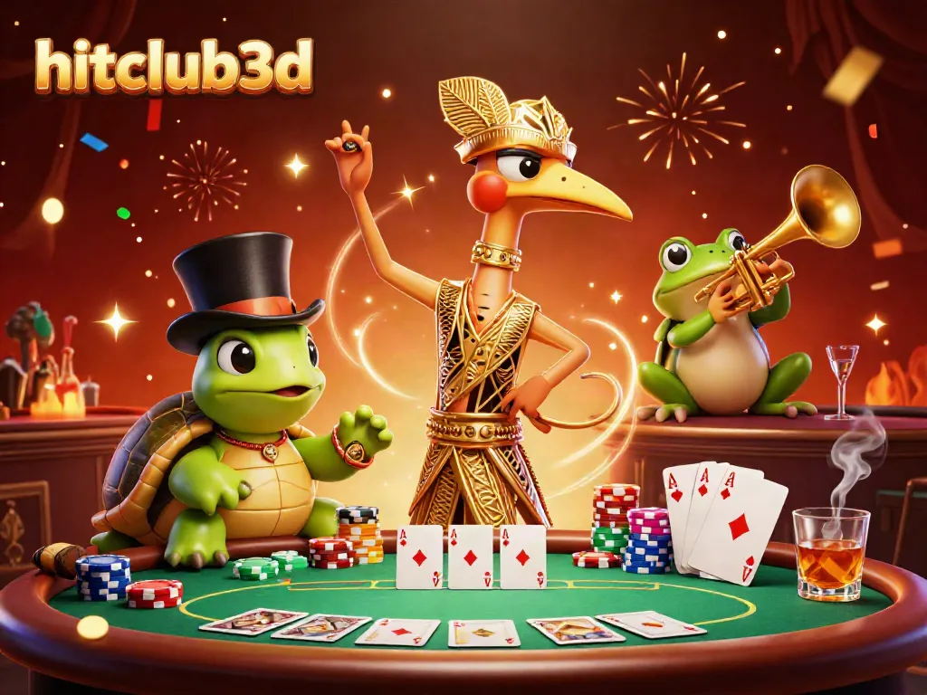 Engage in the excitement of hitclub3d with a lively 3D casino scene featuring poker elements and festive characters