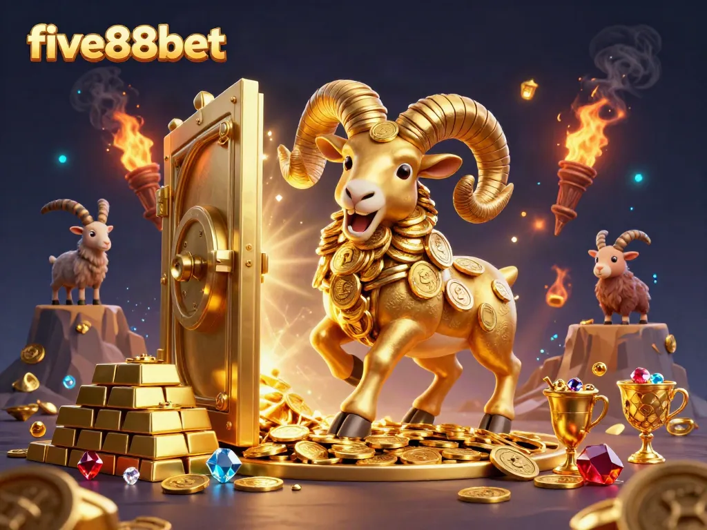 Experience the thrill of five88bet with golden ram charging through treasure in a vibrant casino scene.