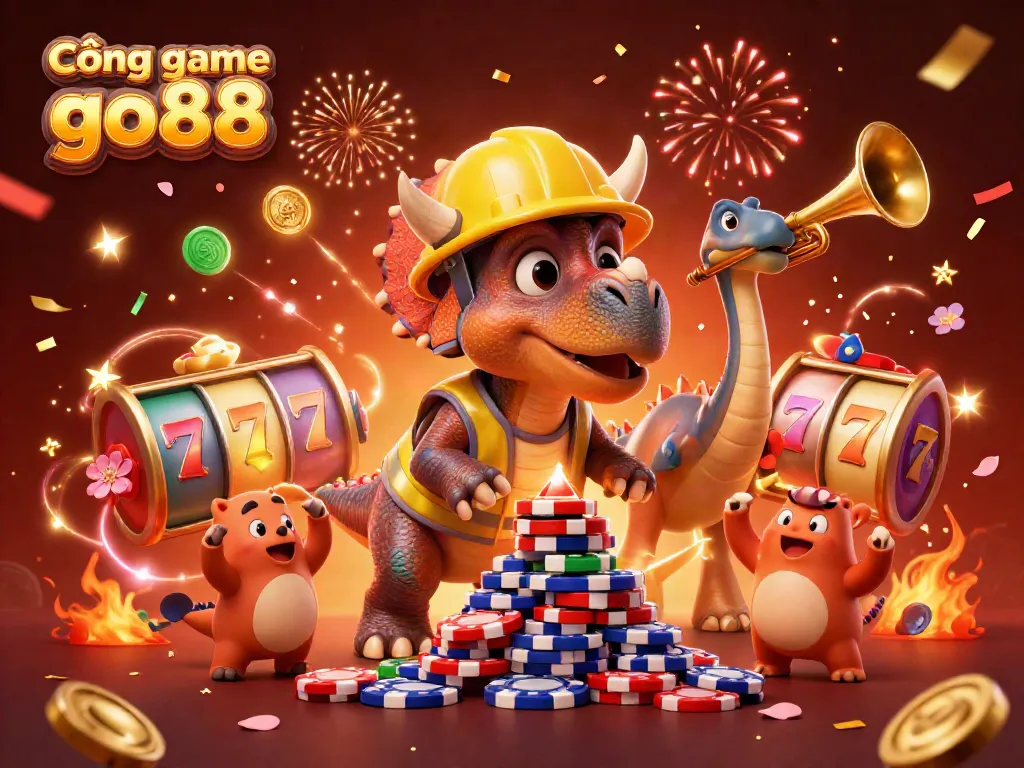Cổng game go88 brings excitement with cartoon dinosaurs and vibrant casino elements celebrating in a colorful scene.