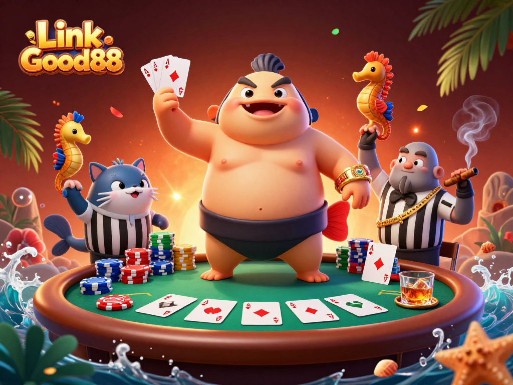 Link Good88 engages players with a vibrant underwater casino scene featuring a blowfish and poker elements.