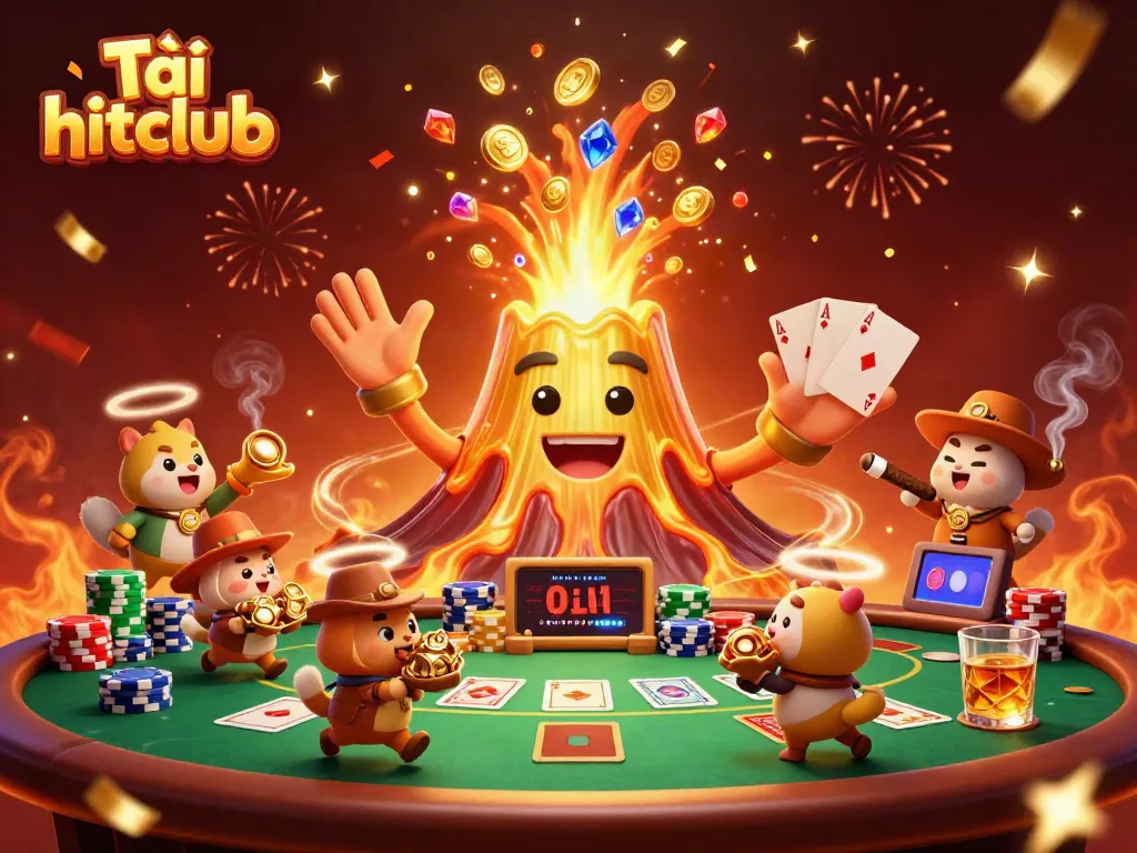 Experience exciting gameplay with Tải hitclub, featuring a golden volcano and poker elements.