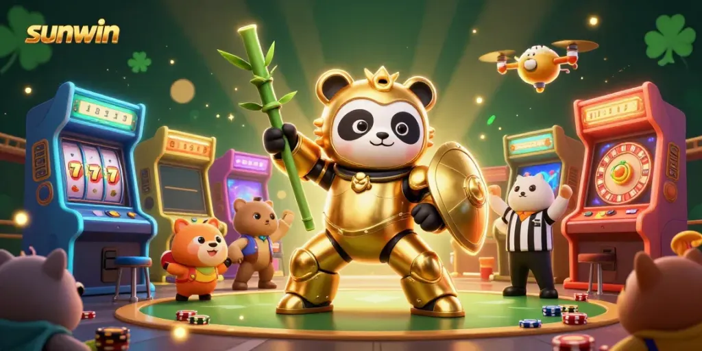 Experience the thrilling excitement of sunwin with a golden panda mech and colorful gaming elements.