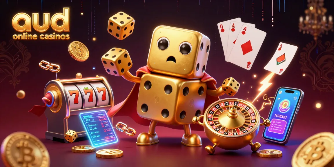Engage with aud online casinos experience via animated scene with golden dice and slot items.