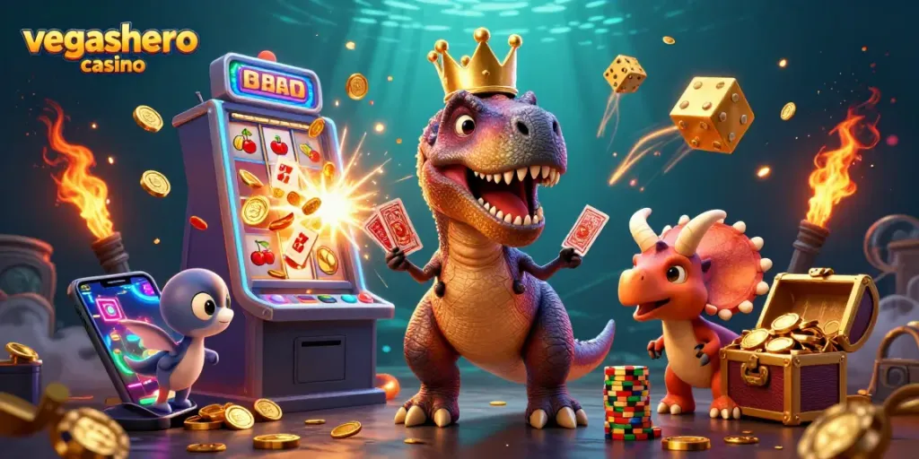 Experience the fun of vegashero casino with a quirky T-Rex shuffling cards in a dynamic casino illustration.
