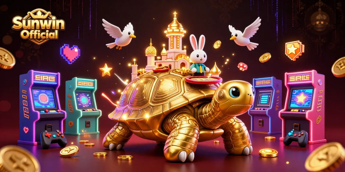 Engage with Sunwin Official, where a golden tortoise casino meets vibrant gaming elements in an immersive 3D scene.