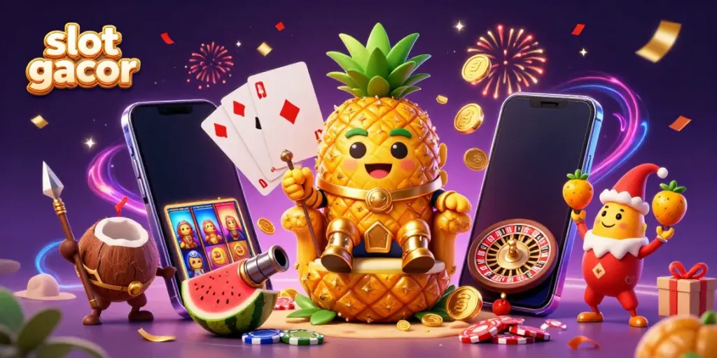 Engage with slot gacor as the golden pineapple king rules a vibrant beach casino scene full of dynamic gaming elements.