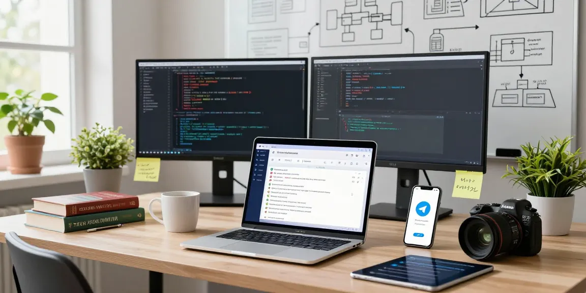 Professional workspace featuring the Telegram Web Version on a laptop amid productive clutter, showcasing an engaged tech environment.