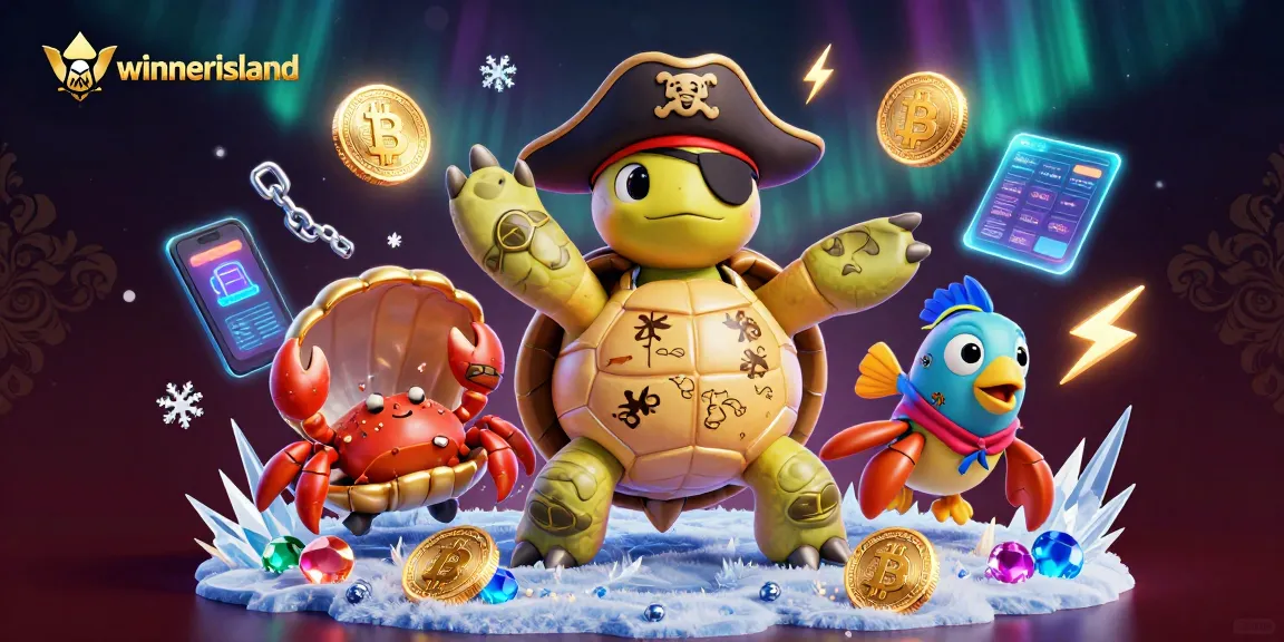 Play at winnerisland with a vibrant cartoon illustration showcasing thrilling treasures and crypto elements.