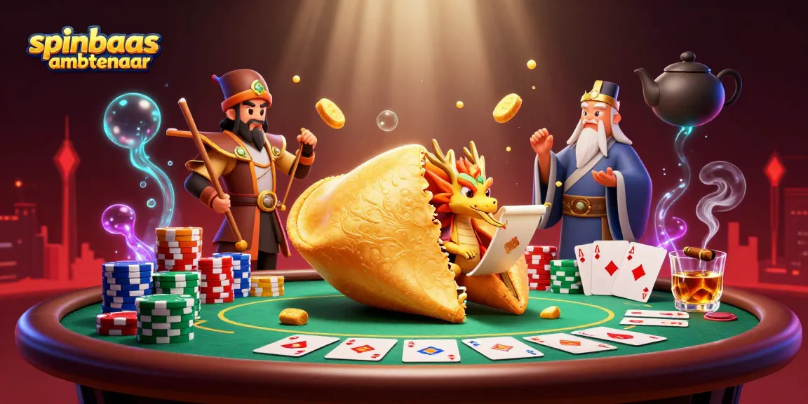 Spinbaas ambtenaar illustration uncovering a golden fortune cookie amid poker chaos, revealing the art of gambling.