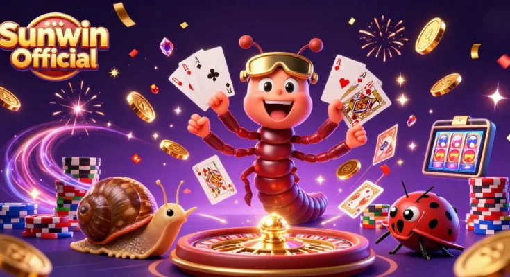 Experience the thrill of casino games with Sunwin Official's vibrant 3D illustration featuring dynamic characters.