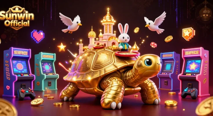 Engage with Sunwin Official, where a golden tortoise casino meets vibrant gaming elements in an immersive 3D scene.